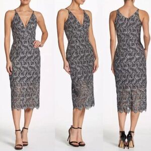 NWT Dress The Population silver Black illusion lace floral Aurora midi dress